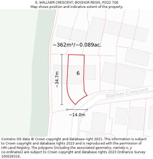 6, WALLNER CRESCENT, BOGNOR REGIS, PO22 7QE: Plot and title map