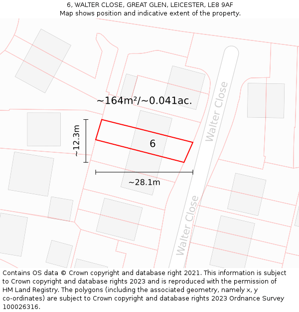 6, WALTER CLOSE, GREAT GLEN, LEICESTER, LE8 9AF: Plot and title map