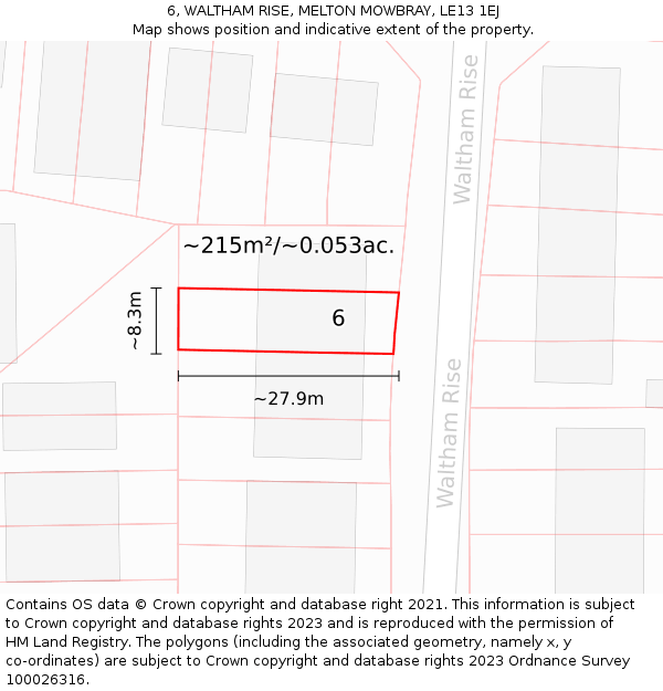 6, WALTHAM RISE, MELTON MOWBRAY, LE13 1EJ: Plot and title map