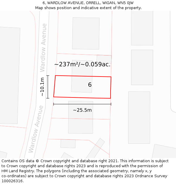6, WARDLOW AVENUE, ORRELL, WIGAN, WN5 0JW: Plot and title map
