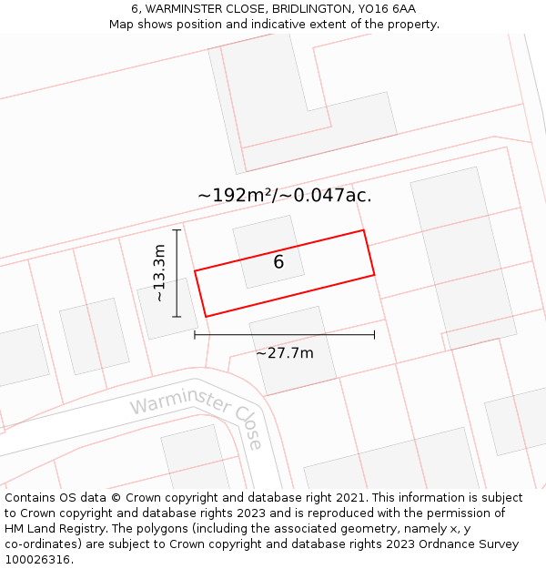 6, WARMINSTER CLOSE, BRIDLINGTON, YO16 6AA: Plot and title map