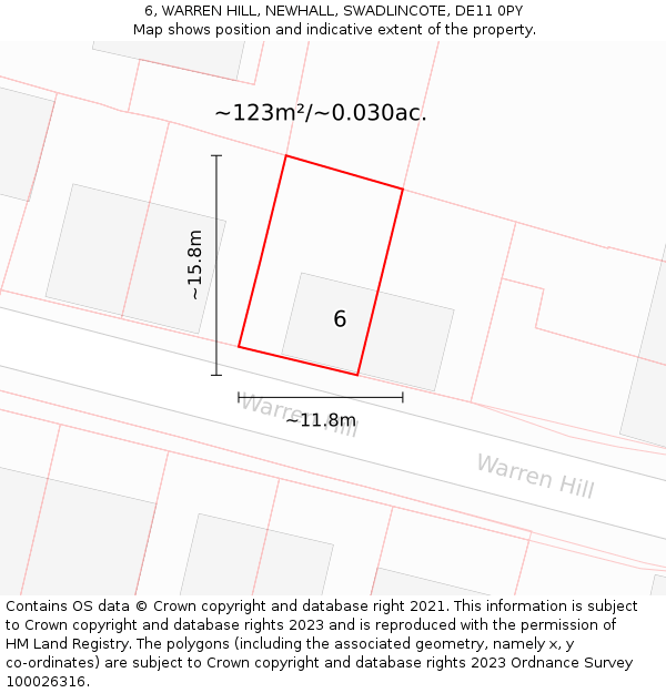 6, WARREN HILL, NEWHALL, SWADLINCOTE, DE11 0PY: Plot and title map