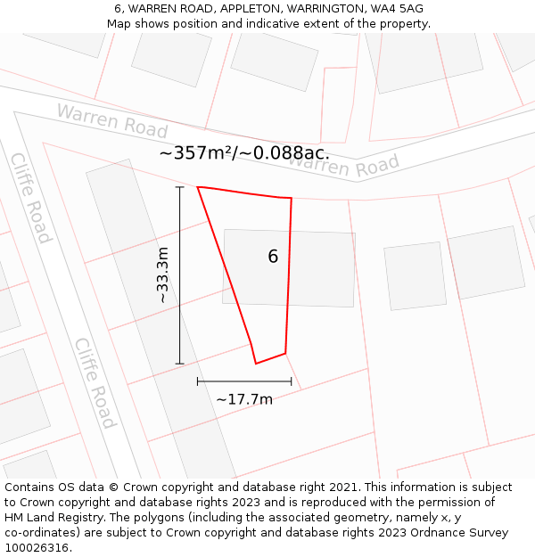 6, WARREN ROAD, APPLETON, WARRINGTON, WA4 5AG: Plot and title map