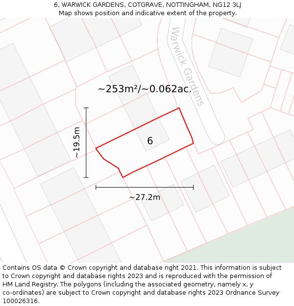 6, WARWICK GARDENS, COTGRAVE, NOTTINGHAM, NG12 3LJ: Plot and title map