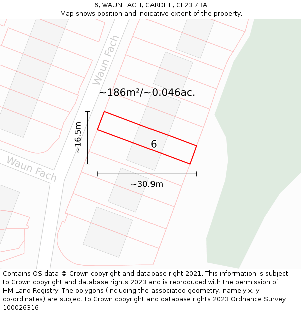 6, WAUN FACH, CARDIFF, CF23 7BA: Plot and title map