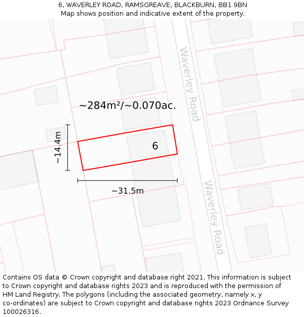 6, WAVERLEY ROAD, RAMSGREAVE, BLACKBURN, BB1 9BN: Plot and title map