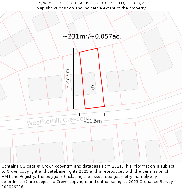 6, WEATHERHILL CRESCENT, HUDDERSFIELD, HD3 3QZ: Plot and title map