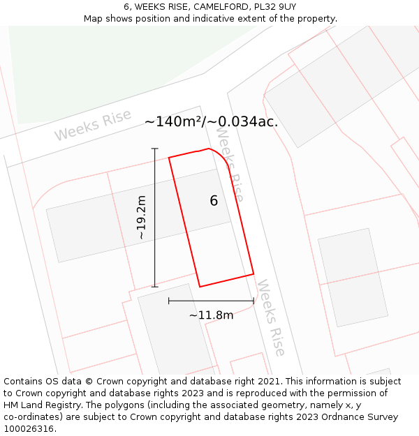 6, WEEKS RISE, CAMELFORD, PL32 9UY: Plot and title map