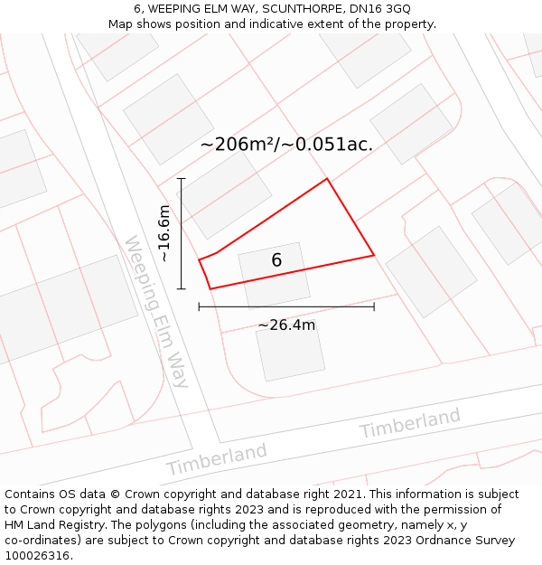 6, WEEPING ELM WAY, SCUNTHORPE, DN16 3GQ: Plot and title map