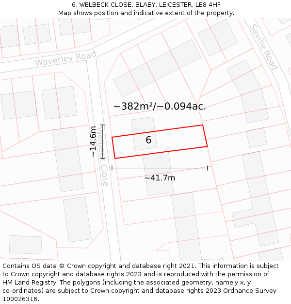 6, WELBECK CLOSE, BLABY, LEICESTER, LE8 4HF: Plot and title map