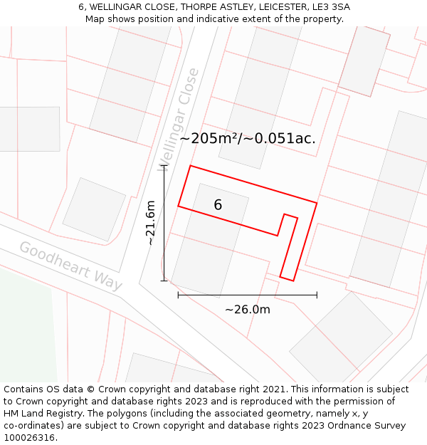 6, WELLINGAR CLOSE, THORPE ASTLEY, LEICESTER, LE3 3SA: Plot and title map