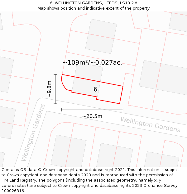 6, WELLINGTON GARDENS, LEEDS, LS13 2JA: Plot and title map
