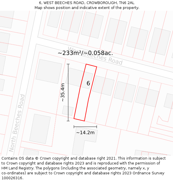 6, WEST BEECHES ROAD, CROWBOROUGH, TN6 2AL: Plot and title map