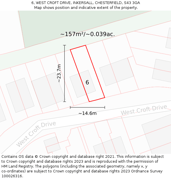 6, WEST CROFT DRIVE, INKERSALL, CHESTERFIELD, S43 3GA: Plot and title map