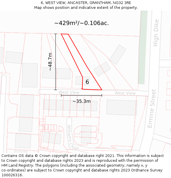 6, WEST VIEW, ANCASTER, GRANTHAM, NG32 3RE: Plot and title map