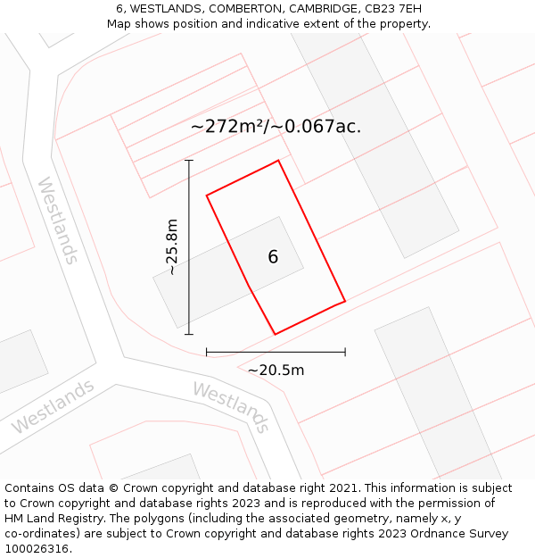6, WESTLANDS, COMBERTON, CAMBRIDGE, CB23 7EH: Plot and title map