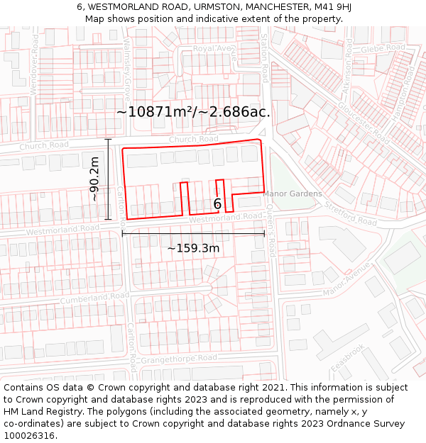6, WESTMORLAND ROAD, URMSTON, MANCHESTER, M41 9HJ: Plot and title map