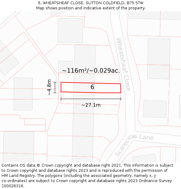 6, WHEATSHEAF CLOSE, SUTTON COLDFIELD, B75 5TW: Plot and title map
