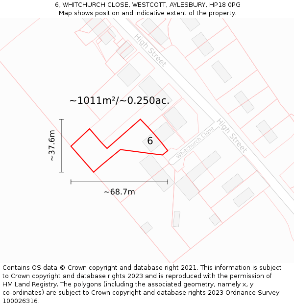 6, WHITCHURCH CLOSE, WESTCOTT, AYLESBURY, HP18 0PG: Plot and title map