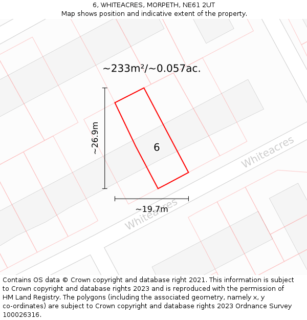 6, WHITEACRES, MORPETH, NE61 2UT: Plot and title map