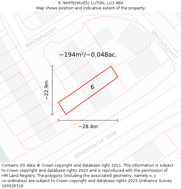 6, WHITEHAVEN, LUTON, LU3 4BX: Plot and title map