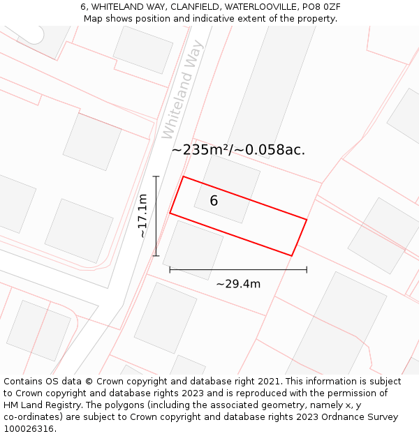 6, WHITELAND WAY, CLANFIELD, WATERLOOVILLE, PO8 0ZF: Plot and title map