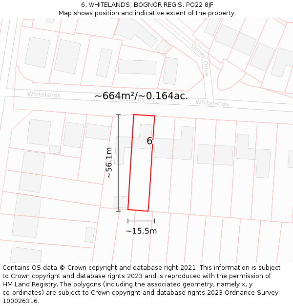 6, WHITELANDS, BOGNOR REGIS, PO22 8JF: Plot and title map