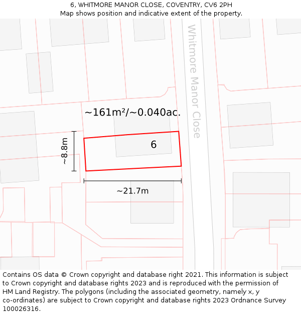 6, WHITMORE MANOR CLOSE, COVENTRY, CV6 2PH: Plot and title map