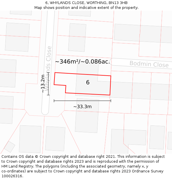 6, WHYLANDS CLOSE, WORTHING, BN13 3HB: Plot and title map