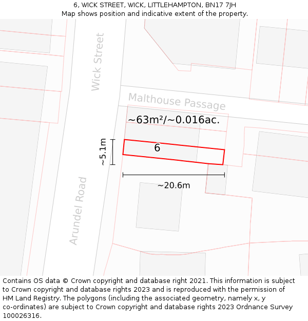 6, WICK STREET, WICK, LITTLEHAMPTON, BN17 7JH: Plot and title map