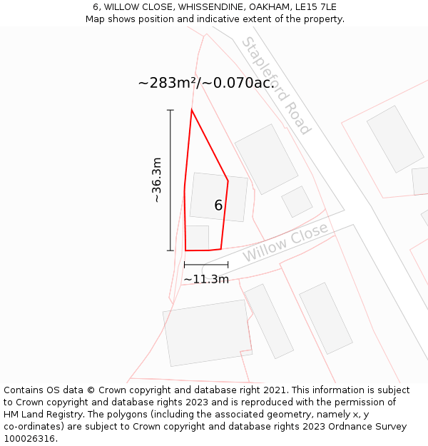 6, WILLOW CLOSE, WHISSENDINE, OAKHAM, LE15 7LE: Plot and title map