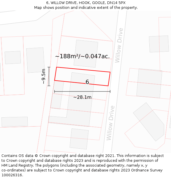 6, WILLOW DRIVE, HOOK, GOOLE, DN14 5PX: Plot and title map