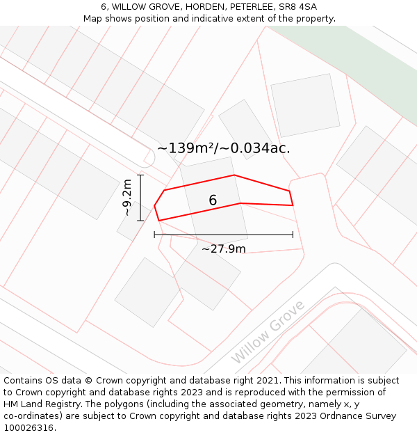 6, WILLOW GROVE, HORDEN, PETERLEE, SR8 4SA: Plot and title map