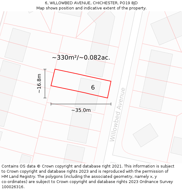 6, WILLOWBED AVENUE, CHICHESTER, PO19 8JD: Plot and title map