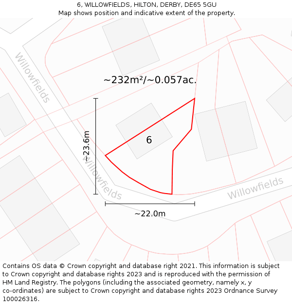 6, WILLOWFIELDS, HILTON, DERBY, DE65 5GU: Plot and title map