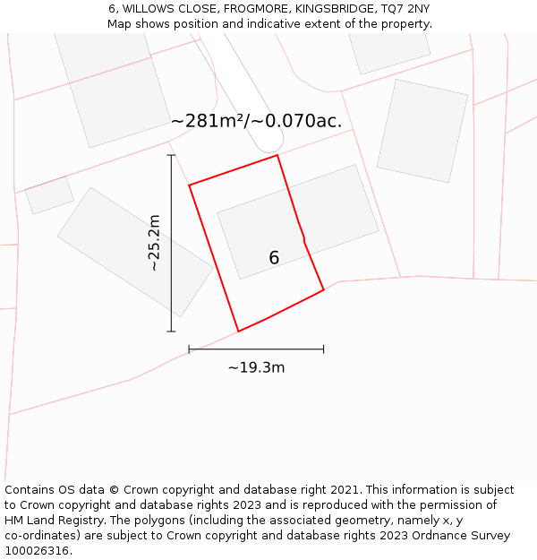 6, WILLOWS CLOSE, FROGMORE, KINGSBRIDGE, TQ7 2NY: Plot and title map