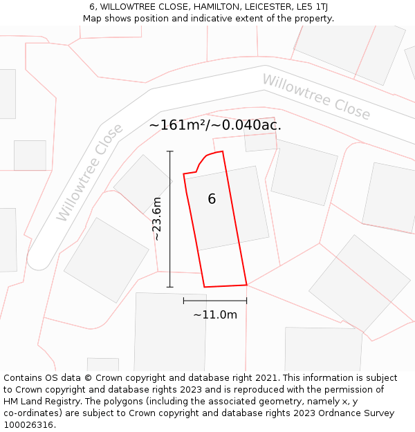 6, WILLOWTREE CLOSE, HAMILTON, LEICESTER, LE5 1TJ: Plot and title map