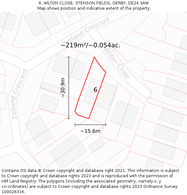 6, WILTON CLOSE, STENSON FIELDS, DERBY, DE24 3AW: Plot and title map