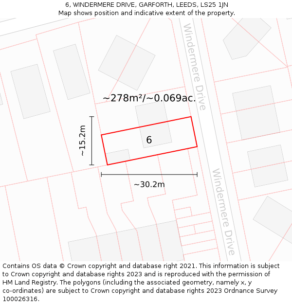 6, WINDERMERE DRIVE, GARFORTH, LEEDS, LS25 1JN: Plot and title map