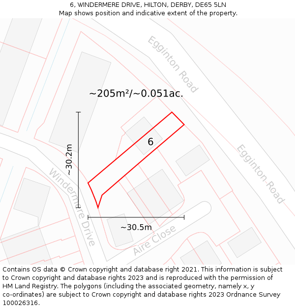 6, WINDERMERE DRIVE, HILTON, DERBY, DE65 5LN: Plot and title map