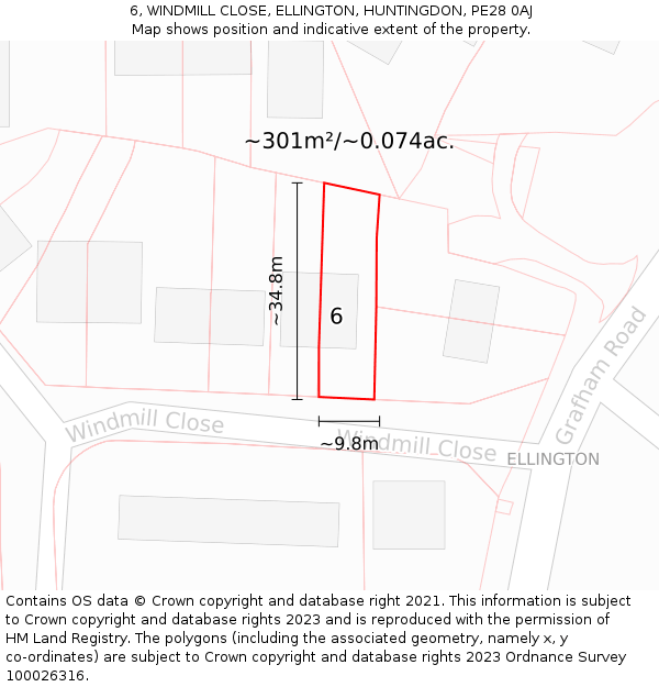 6, WINDMILL CLOSE, ELLINGTON, HUNTINGDON, PE28 0AJ: Plot and title map