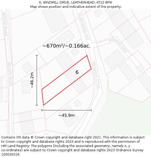 6, WINDMILL DRIVE, LEATHERHEAD, KT22 8PW: Plot and title map