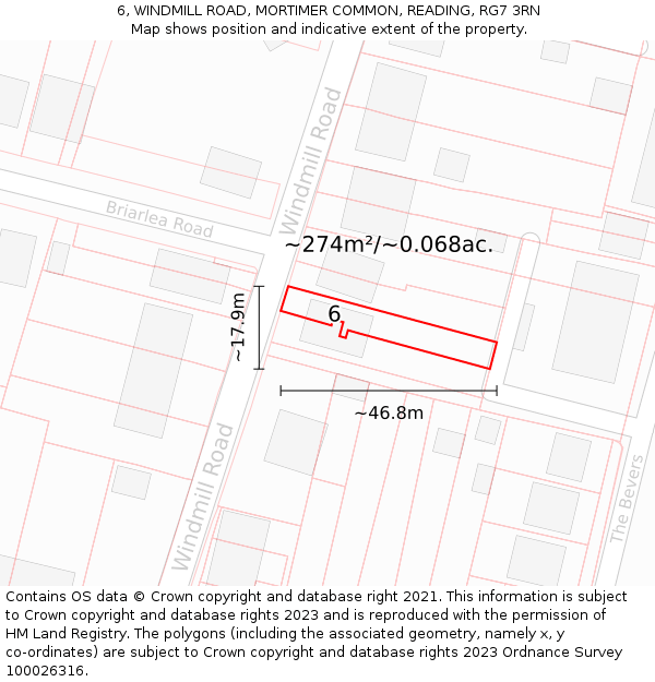 6, WINDMILL ROAD, MORTIMER COMMON, READING, RG7 3RN: Plot and title map