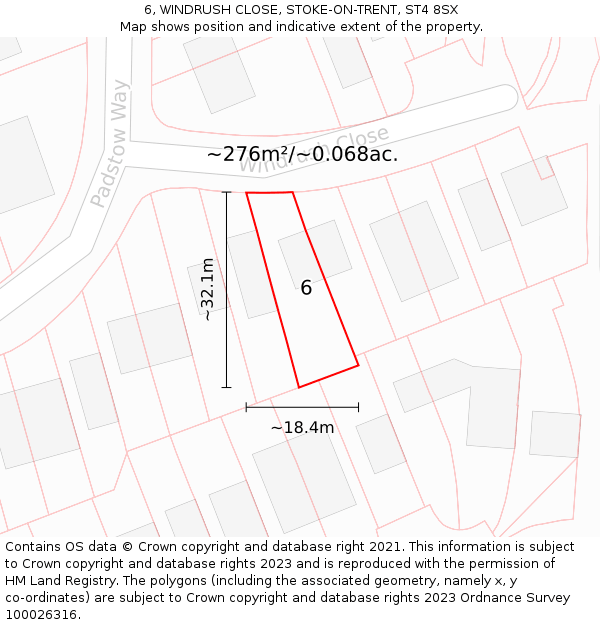 6, WINDRUSH CLOSE, STOKE-ON-TRENT, ST4 8SX: Plot and title map
