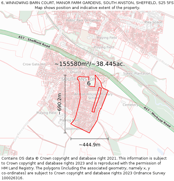 6, WINNOWING BARN COURT, MANOR FARM GARDENS, SOUTH ANSTON, SHEFFIELD, S25 5FS: Plot and title map