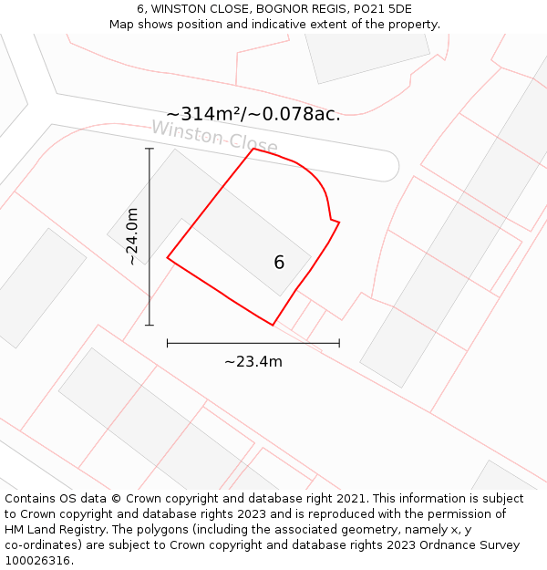 6, WINSTON CLOSE, BOGNOR REGIS, PO21 5DE: Plot and title map