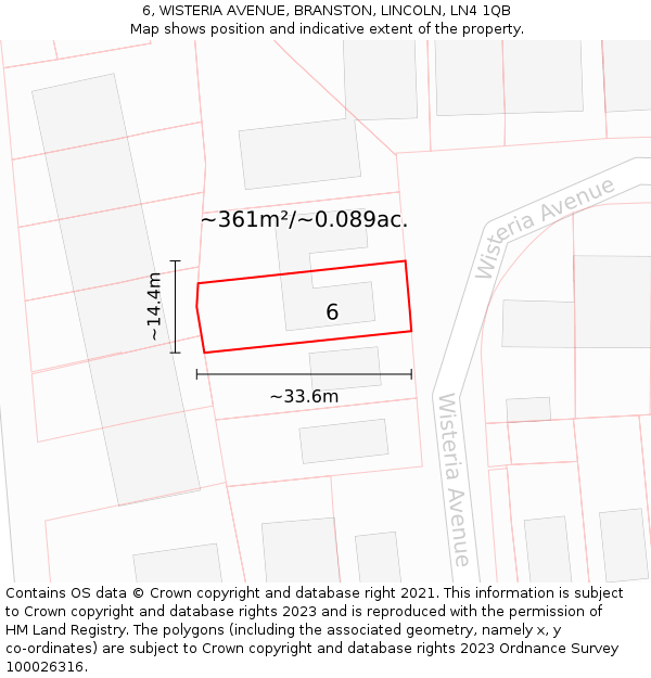 6, WISTERIA AVENUE, BRANSTON, LINCOLN, LN4 1QB: Plot and title map