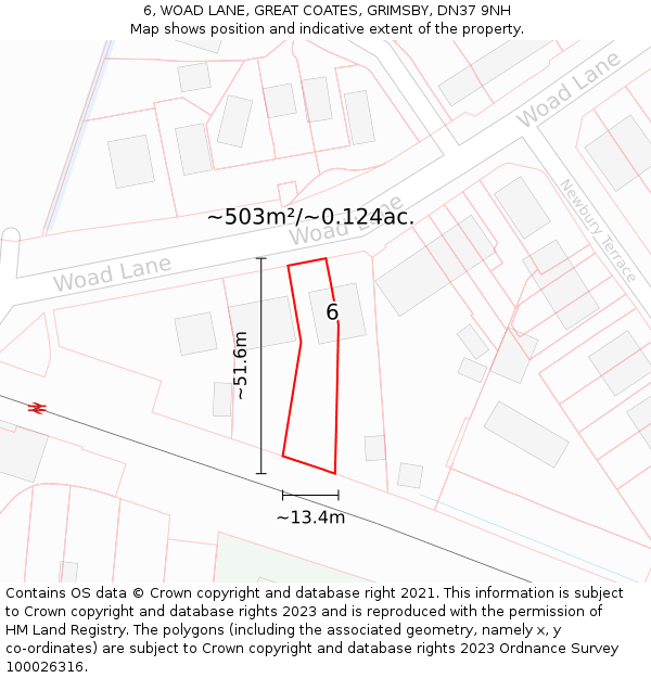 6, WOAD LANE, GREAT COATES, GRIMSBY, DN37 9NH: Plot and title map
