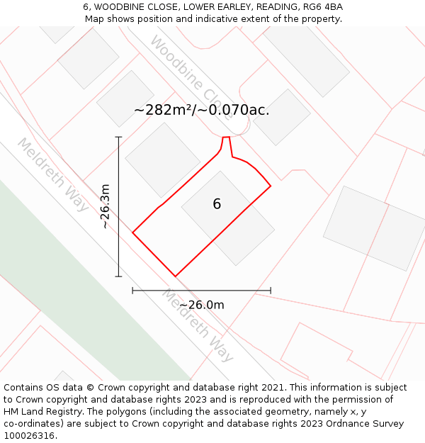 6, WOODBINE CLOSE, LOWER EARLEY, READING, RG6 4BA: Plot and title map