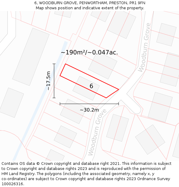 6, WOODBURN GROVE, PENWORTHAM, PRESTON, PR1 9FN: Plot and title map